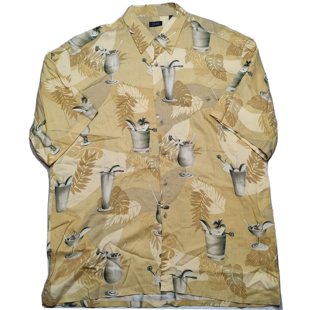 IZOD Men Large COCKTAIL DRINK‎ AOP Rayon Short Sleeve Button Hawaiian Shirt